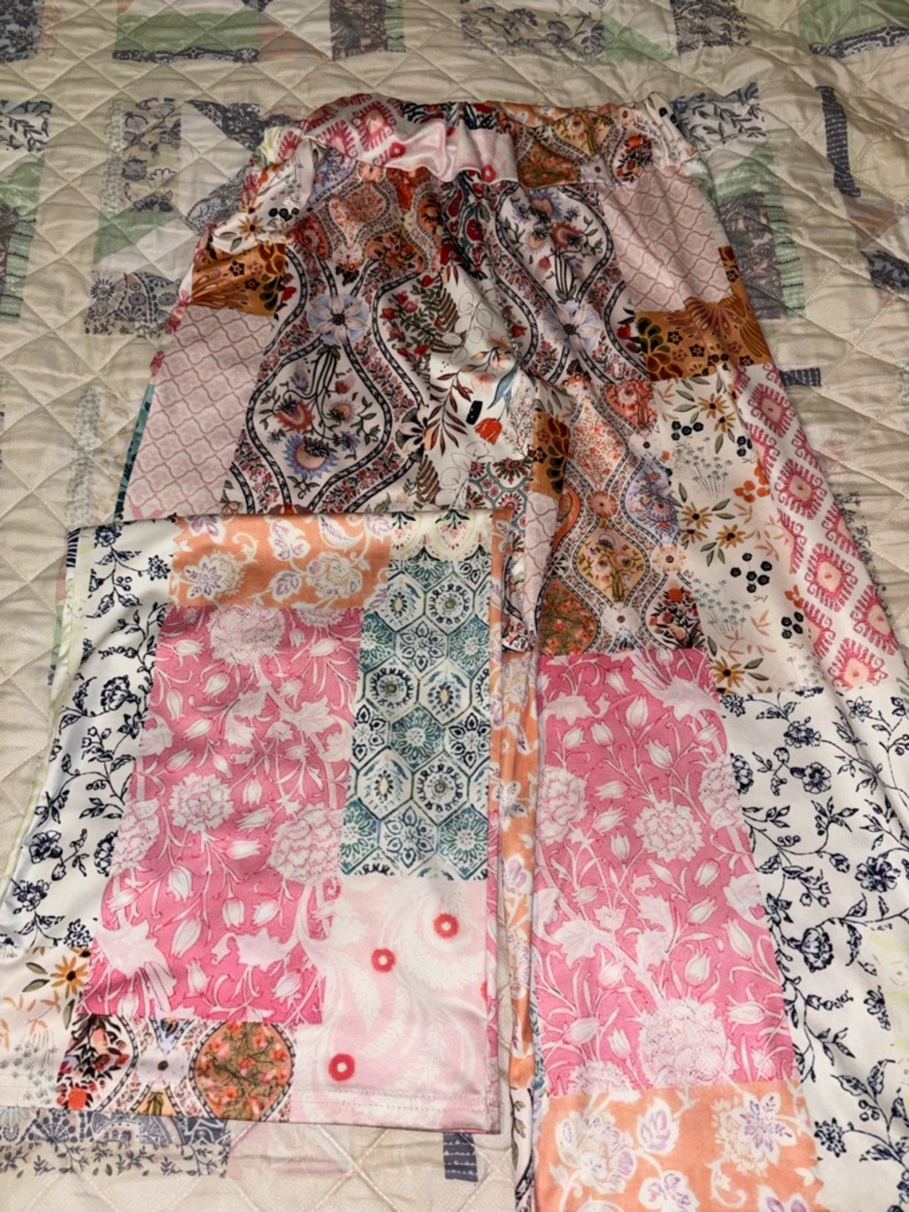 SHEIN Multi-Print Patchwork Wide Leg Pants in Pink and Peach